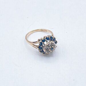 10K Yellow Gold Round Floral Sapphire & Diamond Double Halo Cocktail Ring size 5